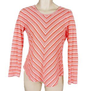 Womens Chico's Sz 0 Salmon & White Striped Long Sleeve Semi-Sheer Thin Knit Top
